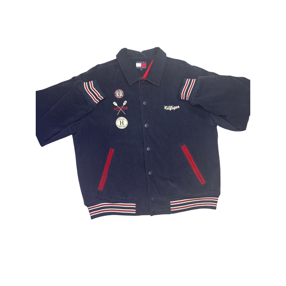Tommy Hilfiger Lions Corduroy Varsity Jacket XL Navy Blue Quilted Lined Vintage
